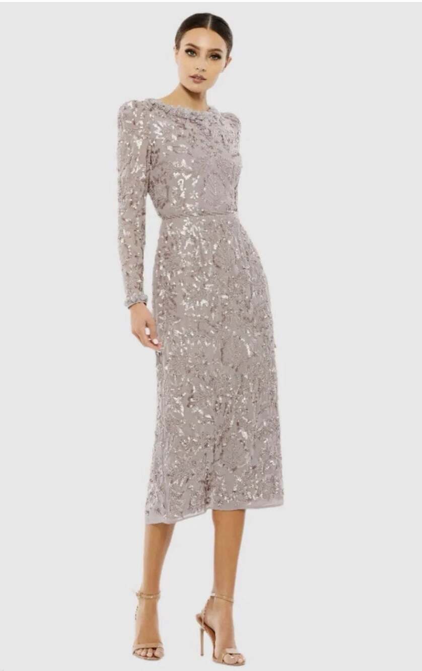 Mac Duggal Embellished High Neck Puff Sleeve Midi Dress Mauve Sequin size 12 359